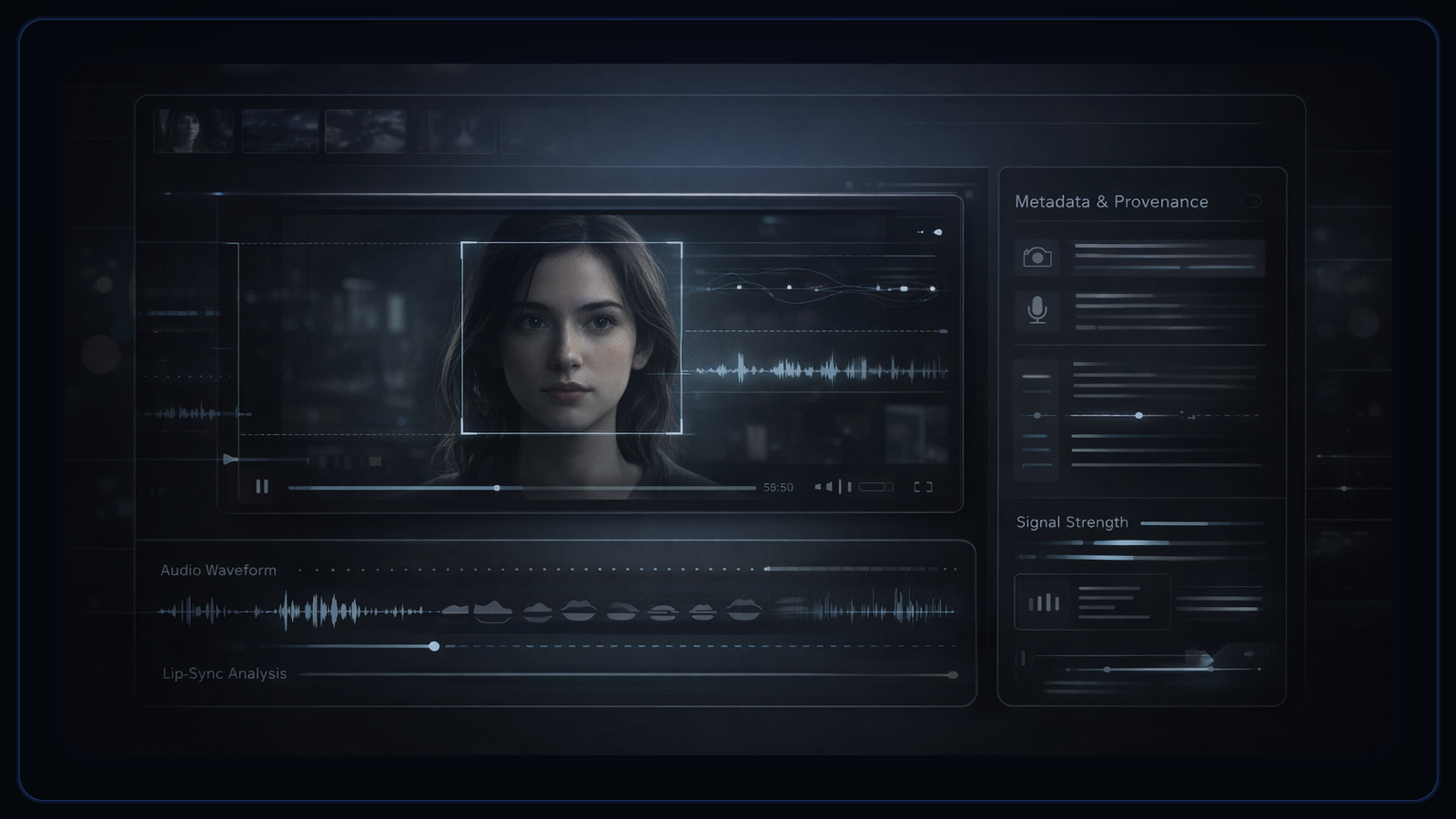 Forensic-style editorial image of a video frame under multi-signal review, with lip-sync, waveform, metadata, and provenance overlays.