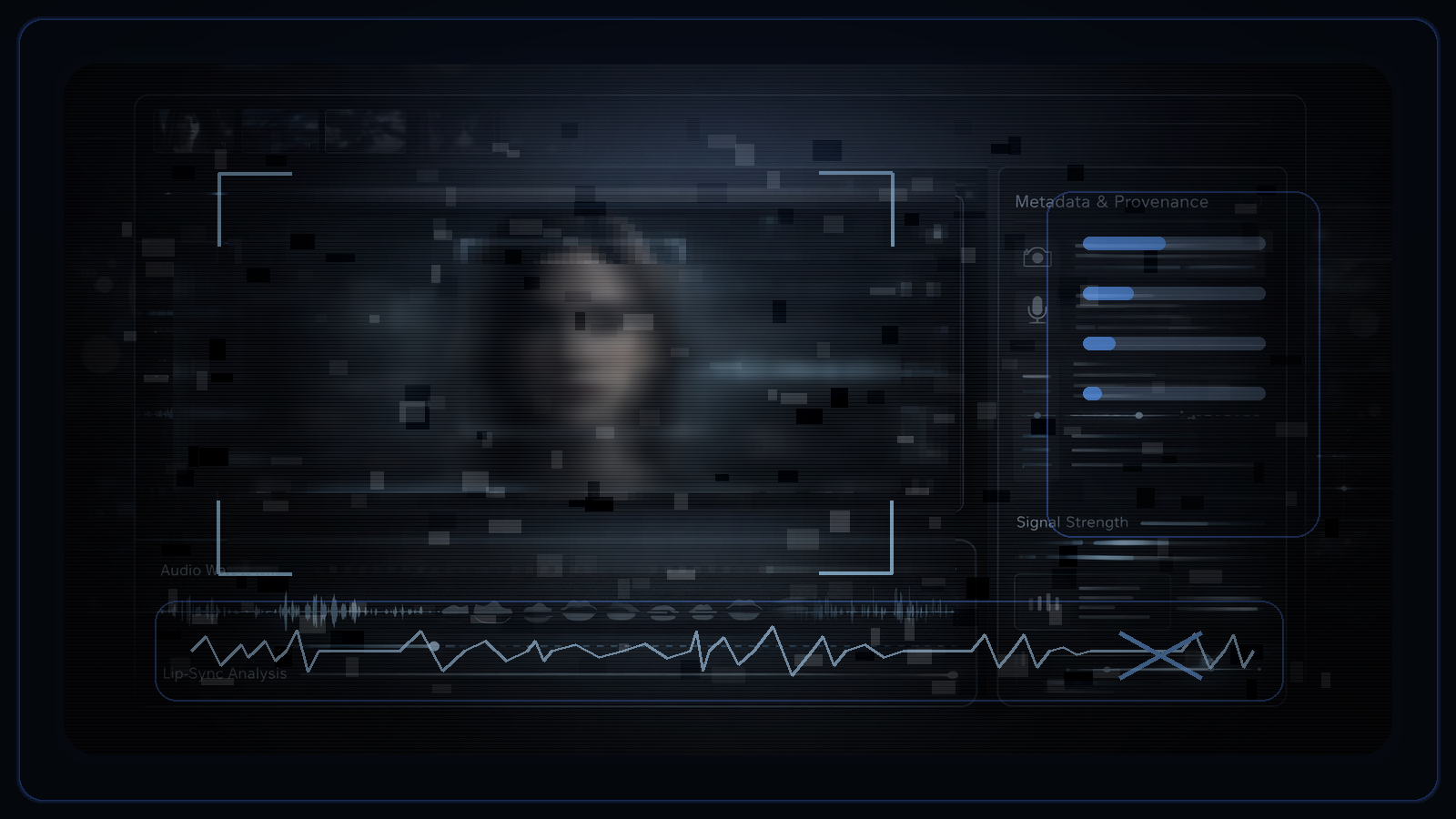 Dark verification image showing degraded video evidence, compression noise, missing signals, and uncertain review conditions.