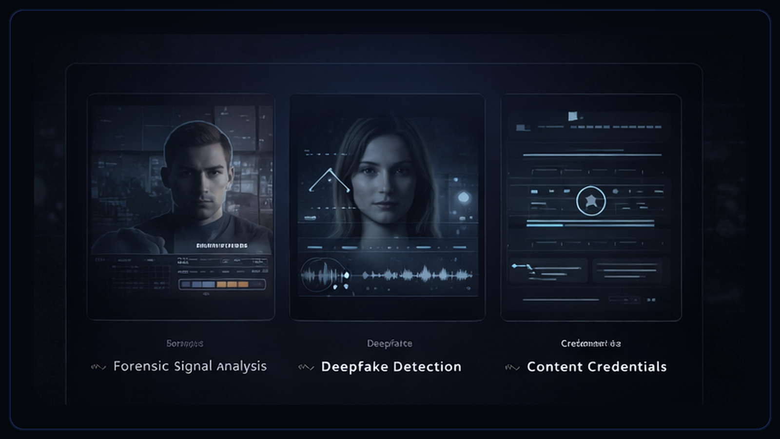 Three-panel editorial illustration comparing forensic signal analysis, deepfake-focused review, and content credentials.