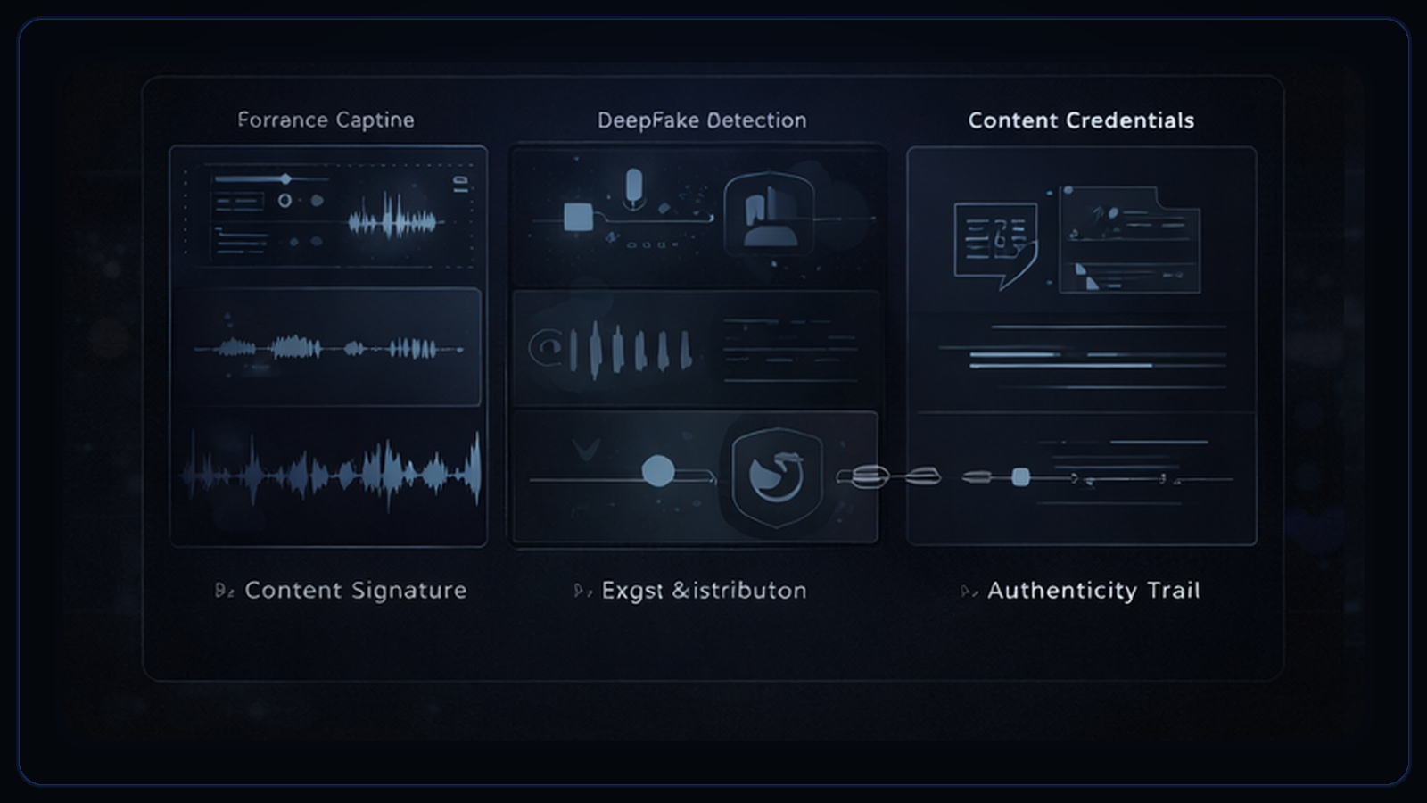 Dark provenance image suggesting signed media history, content records, and source traceability around a video asset.