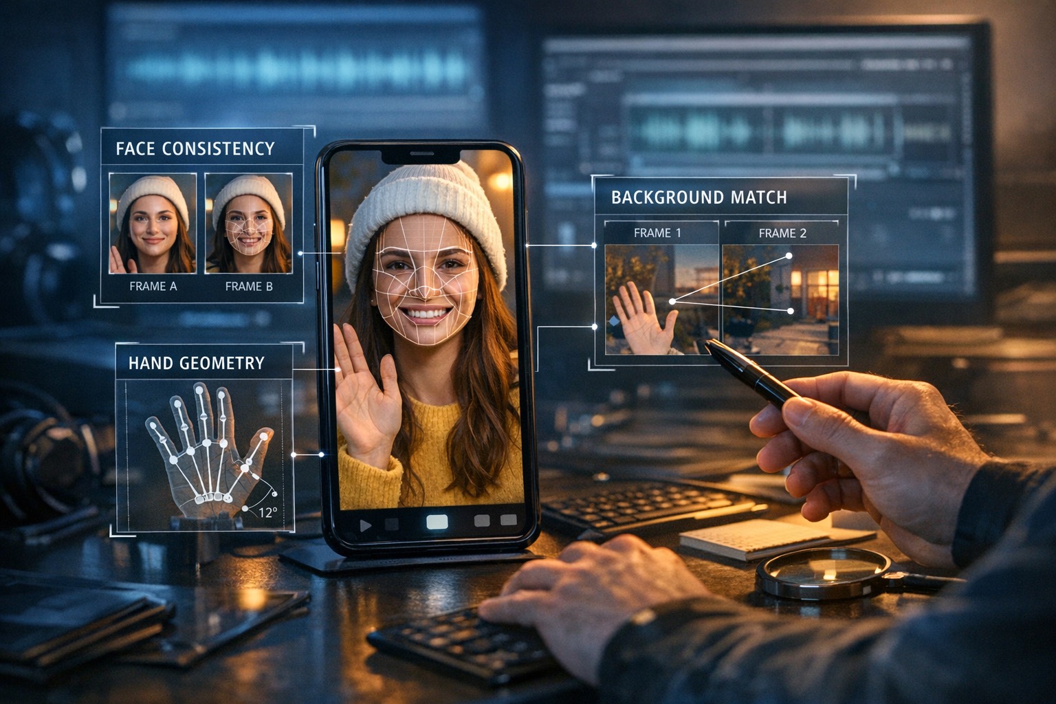 TikTok frame review showing face, hand, and background continuity checks.
