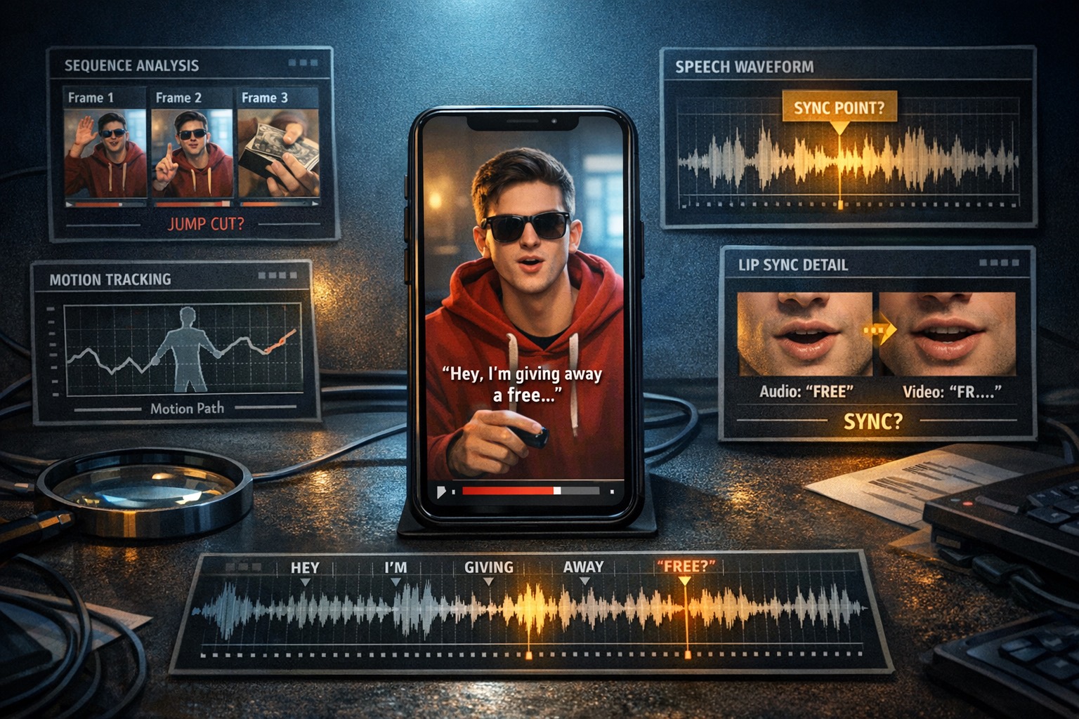 Sequence-level review of a YouTube Short with motion drift and speech-sync checkpoints.